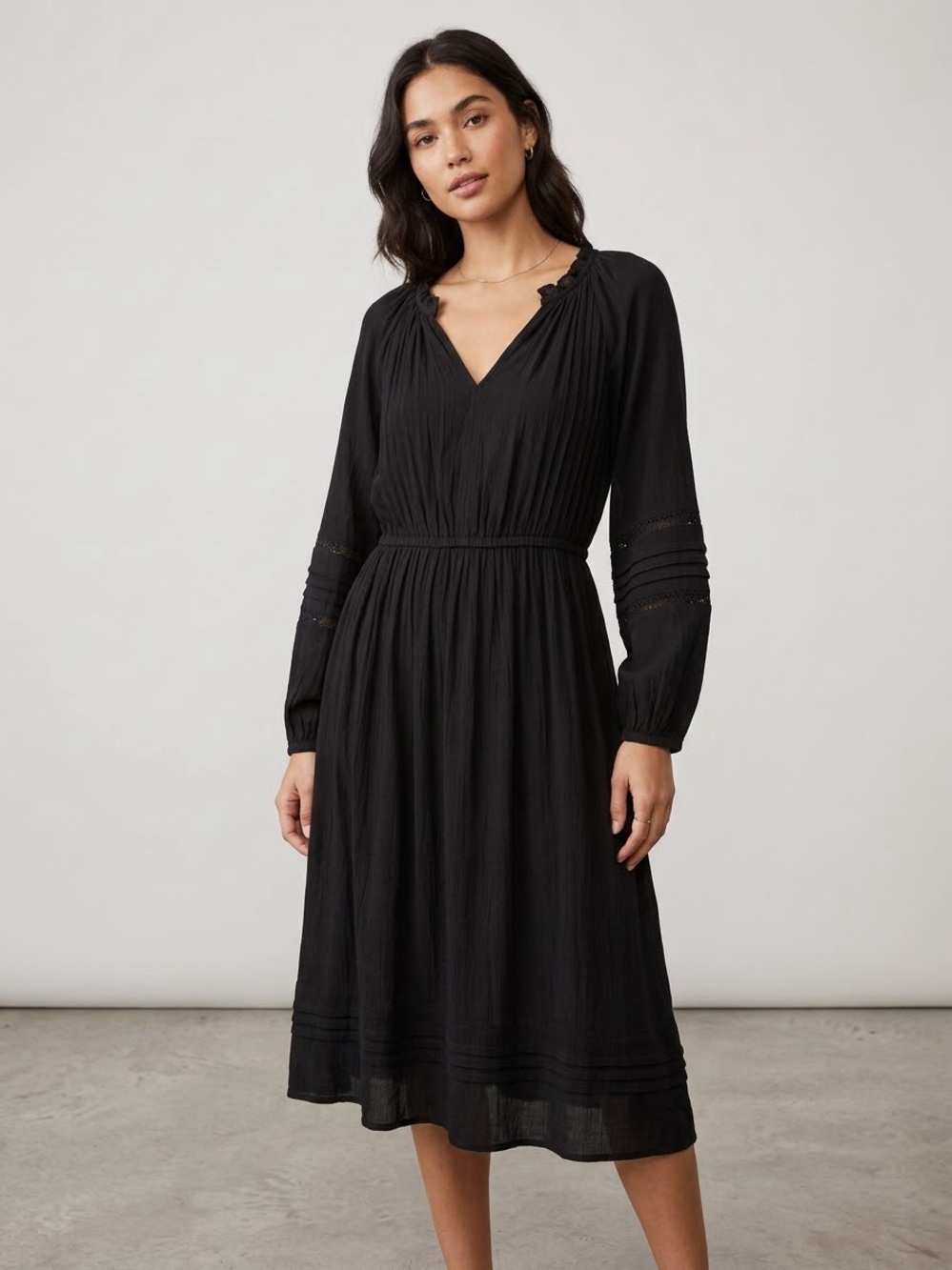 Knox Rose Black Long-Sleeve V-Neck Midi Dress Wednesday Addams